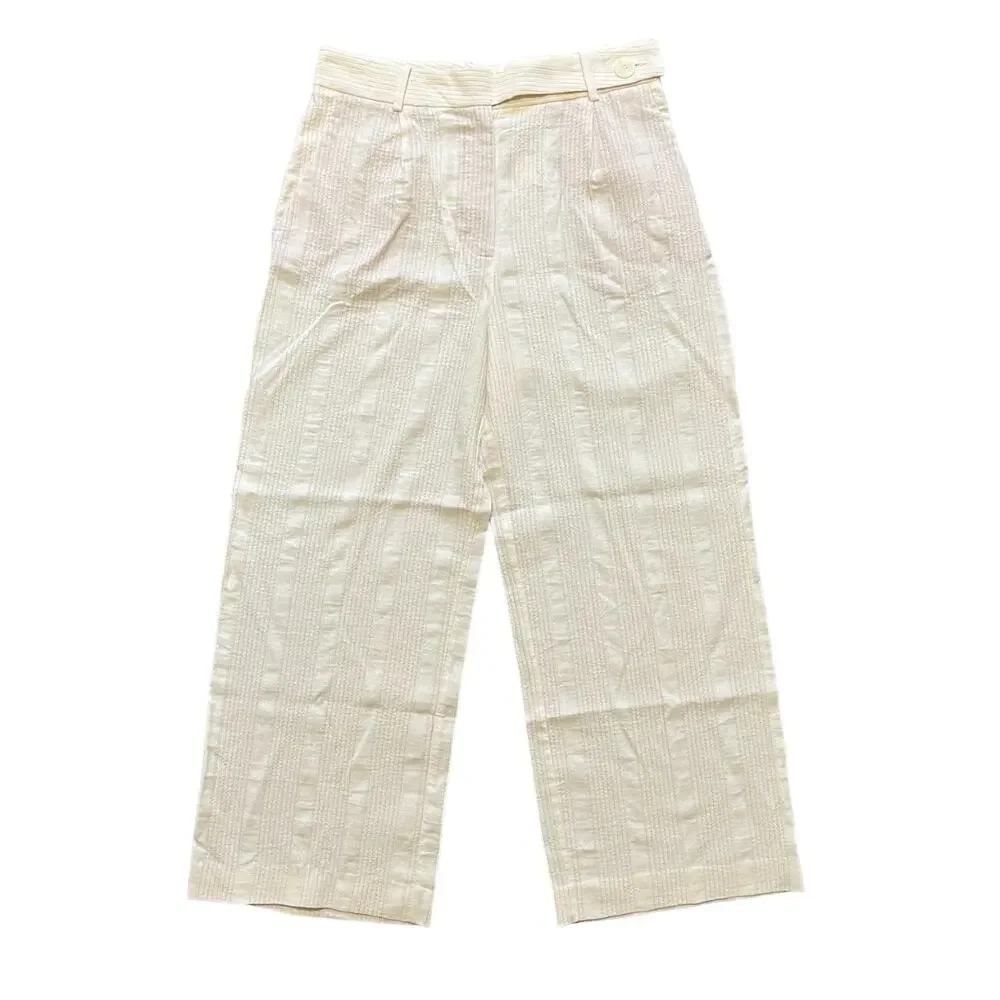 NWT ZARA Wide Leg Textured Stripe Lightweight Pants in Ecru SZ L